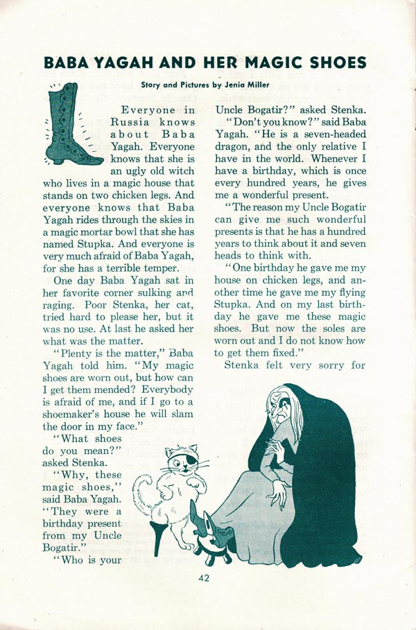 The first page of 'Baba Yagah and Her Magic Shoes,' page 1, from the June 1943 issue of Jack and Jill Magazine.