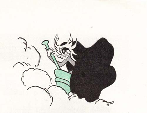 Baba Yaga flying in her mortar, from the May 1943 issue of Jack and Jill Magazine. Illustration by Jenia Miller.
