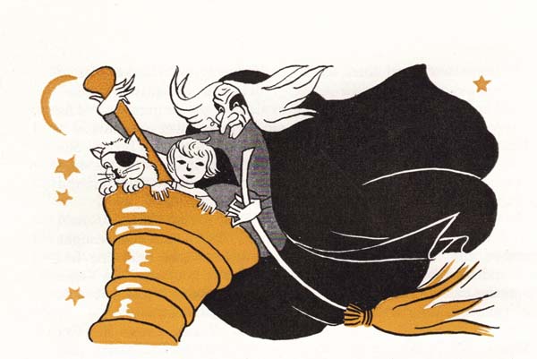 Baba Yaga, Vania, and Stenka the Cat riding in a mortar under the full moon.